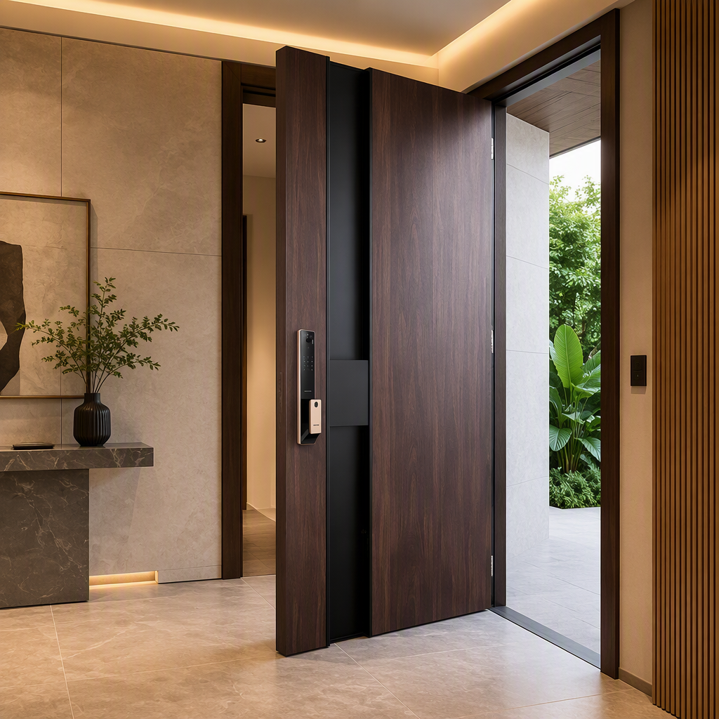 Modern Geometric Thermal Break Aluminum Pivot Entry Door Waterproof Anti-Theft Exterior Hall Villa Apartment Security Door Smart