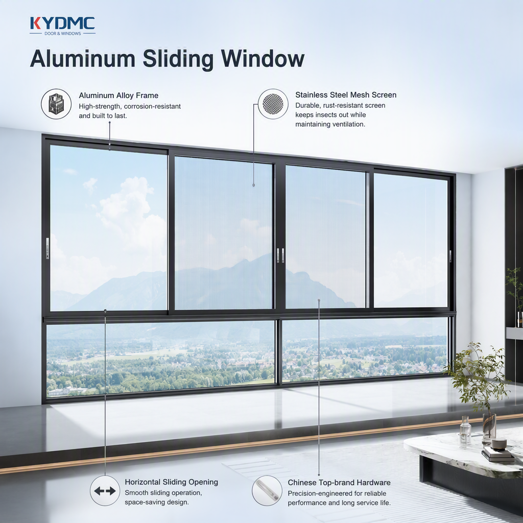 Factory Custom Size Aluminum Frame Sliding Windows Featuring Durable Mesh Screen Design for Balcony and Patio Sliding Window