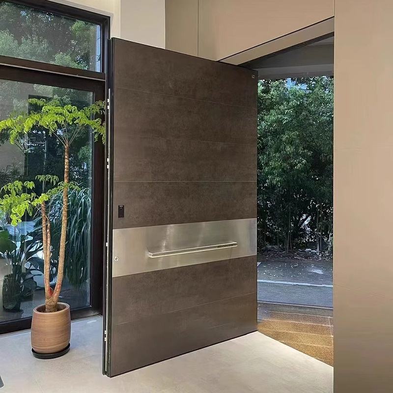 Double Door Villa Gate Cast Aluminum Central Axis Entrance Broken Bridge System Wood Grain Split Glass Eccentric Axis Pivot Door