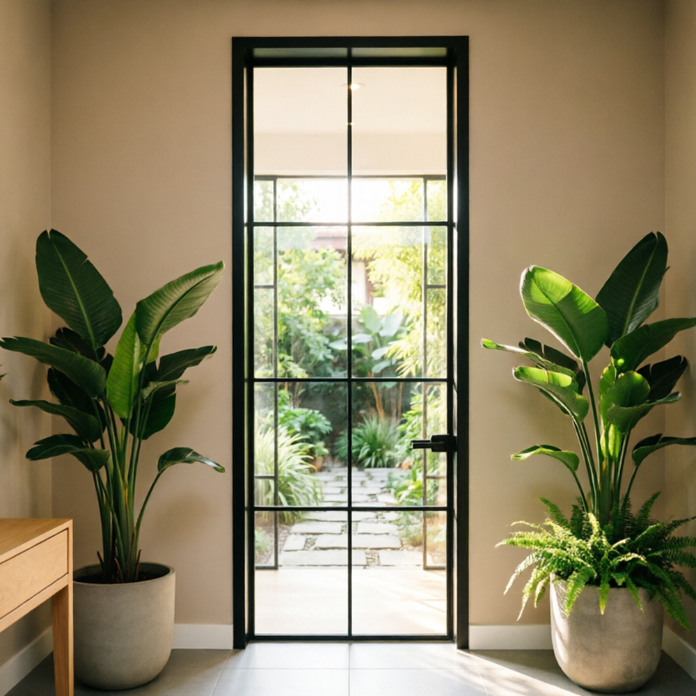 Luxury Slim Frame Aluminum Tempered Steel Swing Door Cool Black Minimalist Design Sound Insulation Customizable Size Exterior