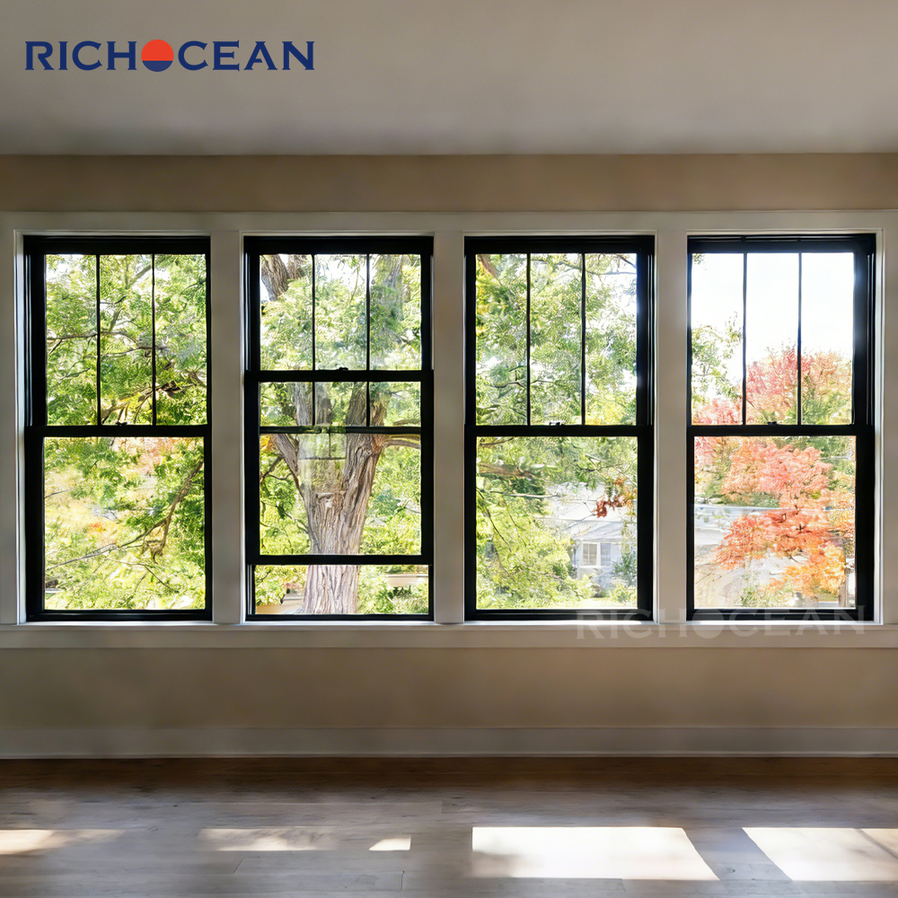 RICHOCEAN Factory Custom Black Aluminum Double Hung Windows Double Pane Insulated Tempered Glass Window