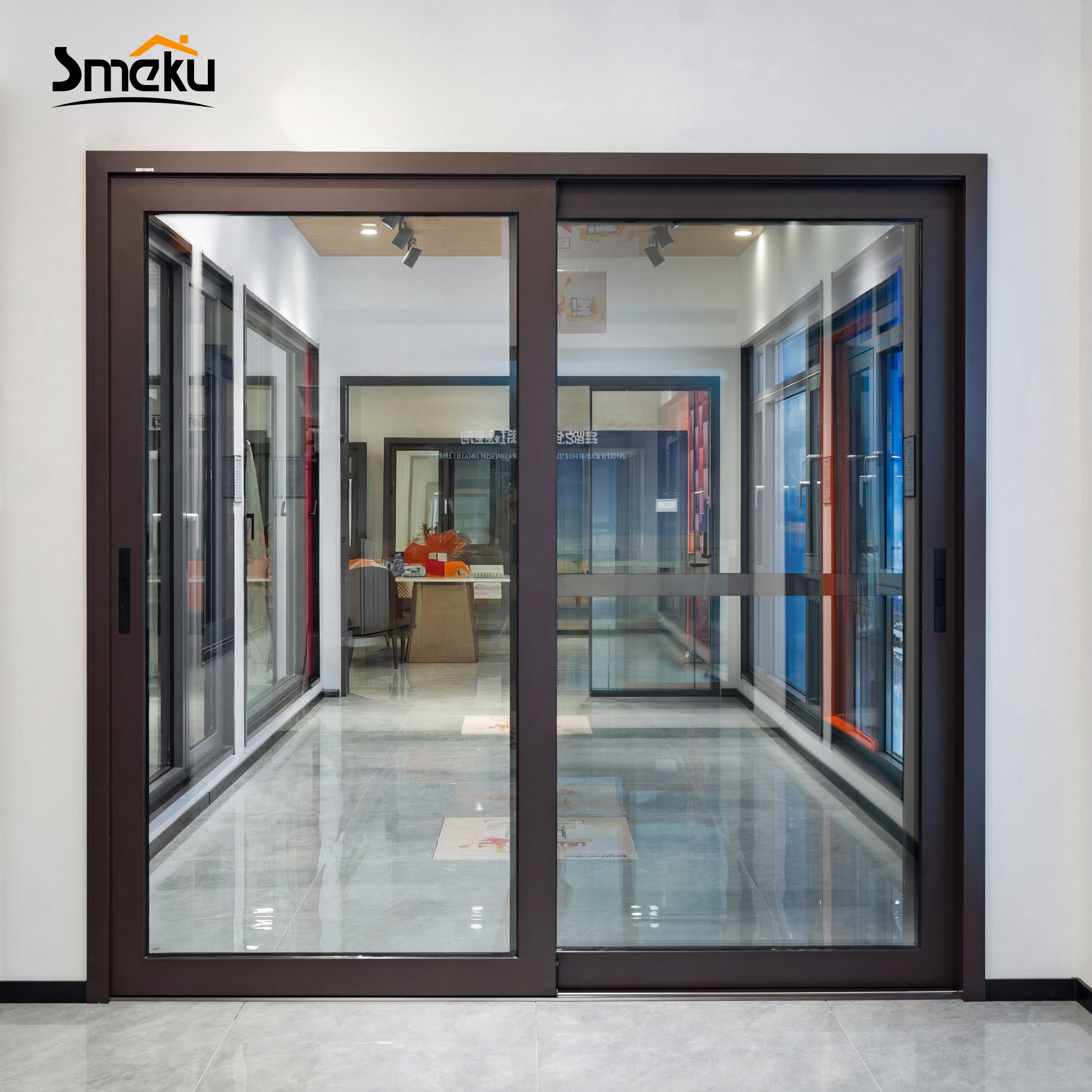Modern European Style Brown Aluminum Alloy Sliding Door with Double Tempered Glass for Garage and Home Use