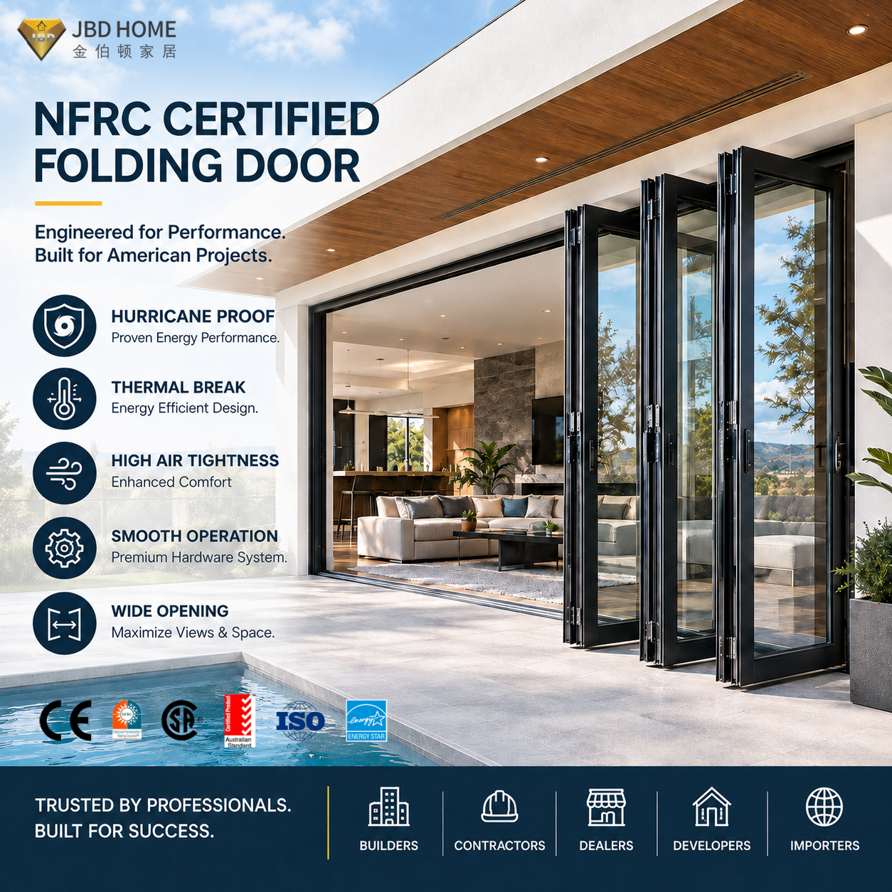 NFRC AS2047 Heavy Duty Aluminum Folding Patio Doors For Villa Waterproof Accordion Glass Patio Door Exterior Bifold Doors