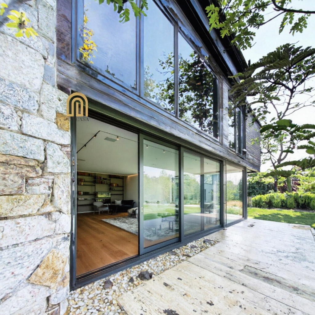 Modern Black Aluminum Sliding Door Double Glazed Tempered Glass Patio French Style Side Opening Exterior Interior