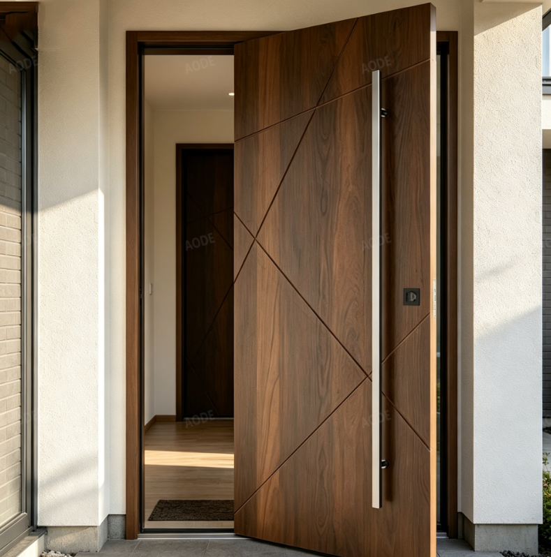 Black Walnut Solid Wood Pivot Door, Modern Security Exterior Front Entry Door With Smart Lock For Home
