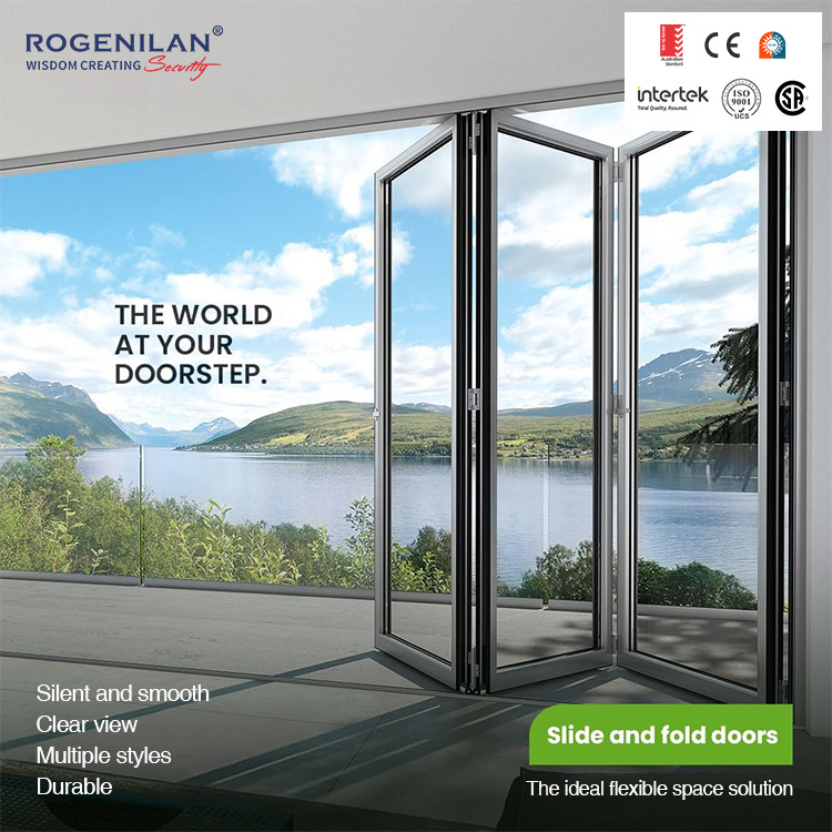 Rogenilan Thermal Insulation Triple Glass Folding Door Aluminum Accordion Retractable Sliding Patio Doors Exterior