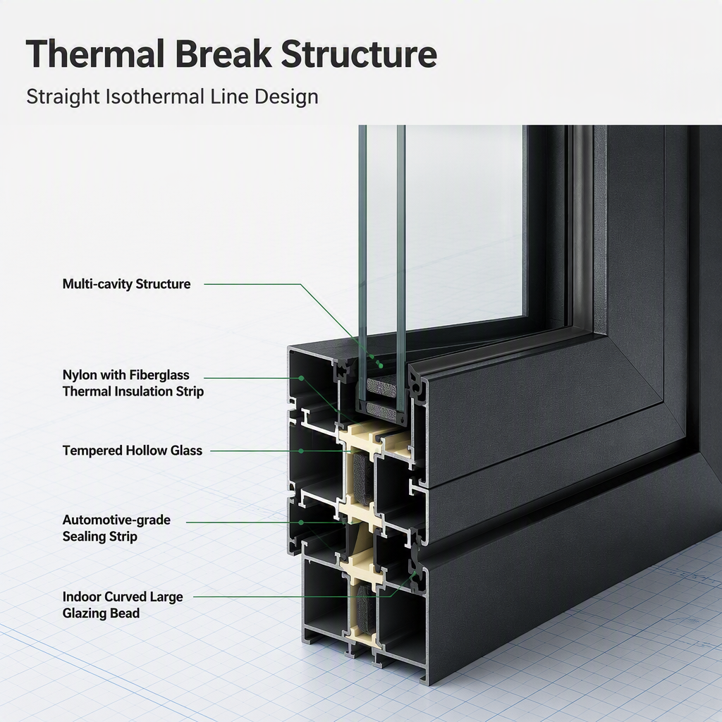 120 Series Thermal Break Casement Window King Kong Mesh Inner and Outer Frame Flush Glazing for Residential Projects