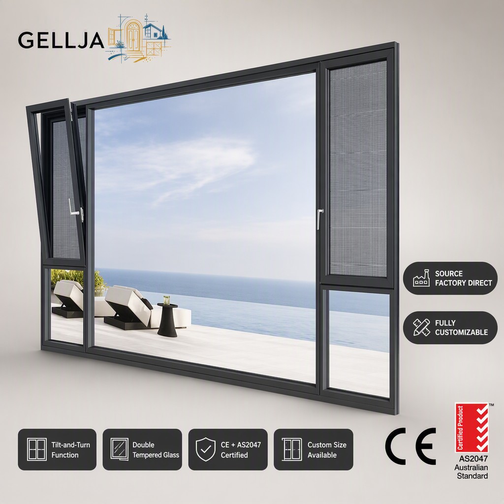 GELLJA Aluminum Alloy Modern Casement Window Tilt Turn Built-in Blinds Slim Frame Heat Insulation Soundproof for Home Apartment