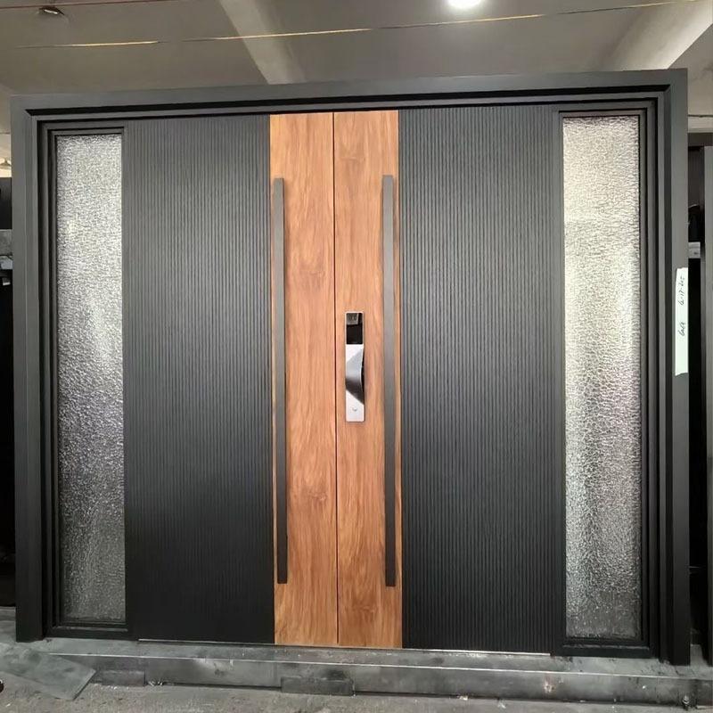 Exquisitely Carved Cast Aluminum Double-Layer Entrance Security Door Wood Grain Finish Postmodern Design for Home Villa Entry