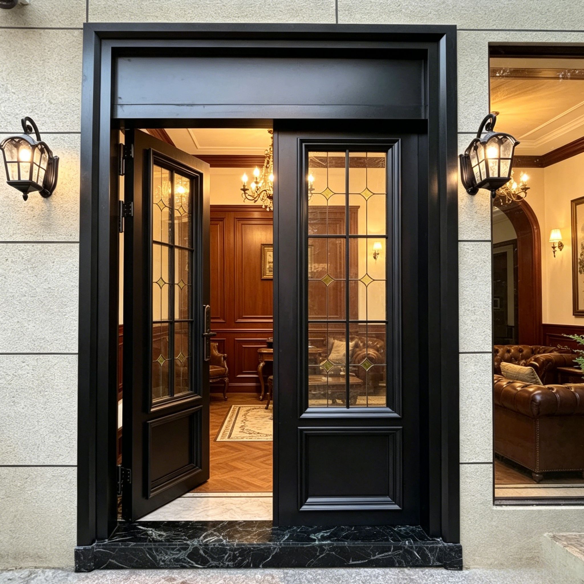 Aomeja Luxury French Vintage Aluminum Double Entry Door Interior Modern Black Frame Decorative Stained Glass Exterior Dining