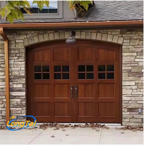 LONG TAI Efficient Black Walnut Solid Wood Look Aluminum Track Slide up Garage Doors With Top Double Glass Windows