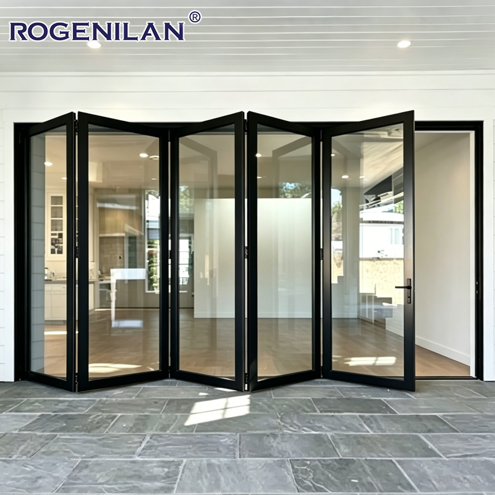 Rogenilan Modern Energy-Efficient Aluminium Glass Accordion Folding Door Double Tempered Glazed Bifold Door for Patio