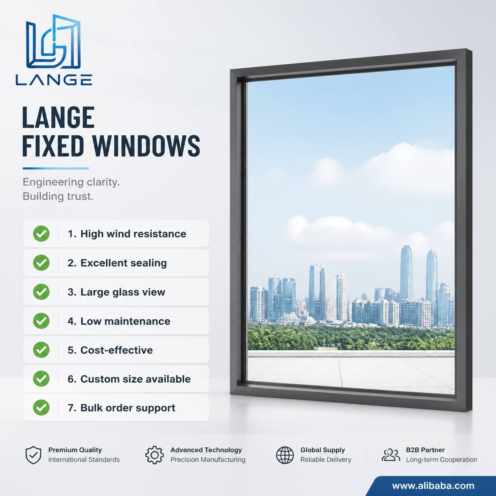 LANGE Eco Friendly Modern Fixed Window Aluminum Picture Window Argon Filled Energy Saving Window for Eco Villa