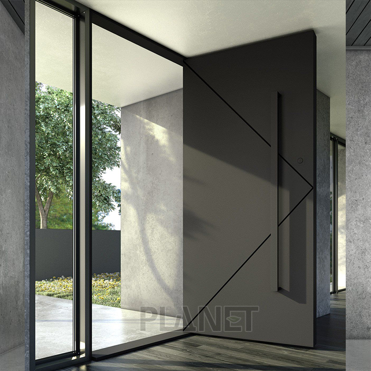 Modern Geometric Black Pivot Door Waterproof Swing Aluminum Patio Exterior French Pivot Door
