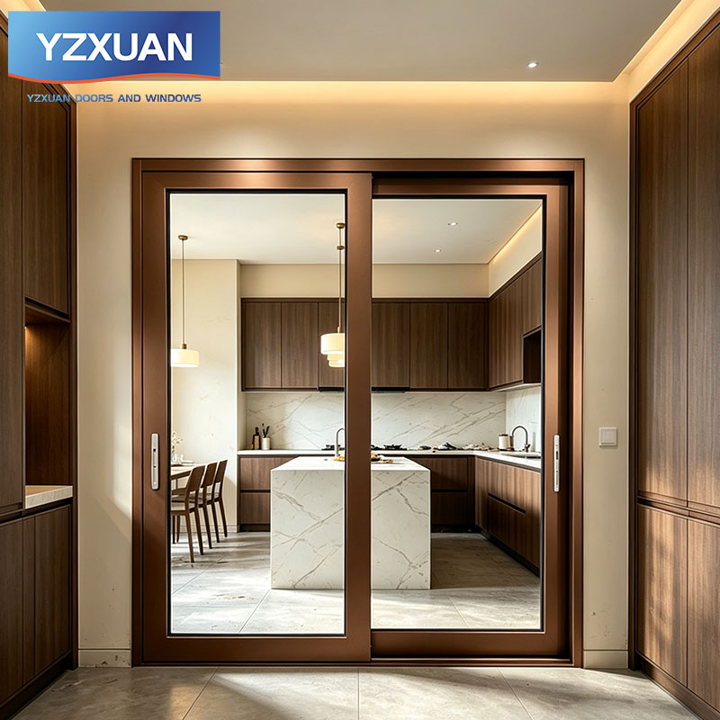 Coffee Brown Thermal Break Aluminum Sliding Door Double Tempered Insulated Glass Modern Kitchen Balcony Apartment Bathroom
