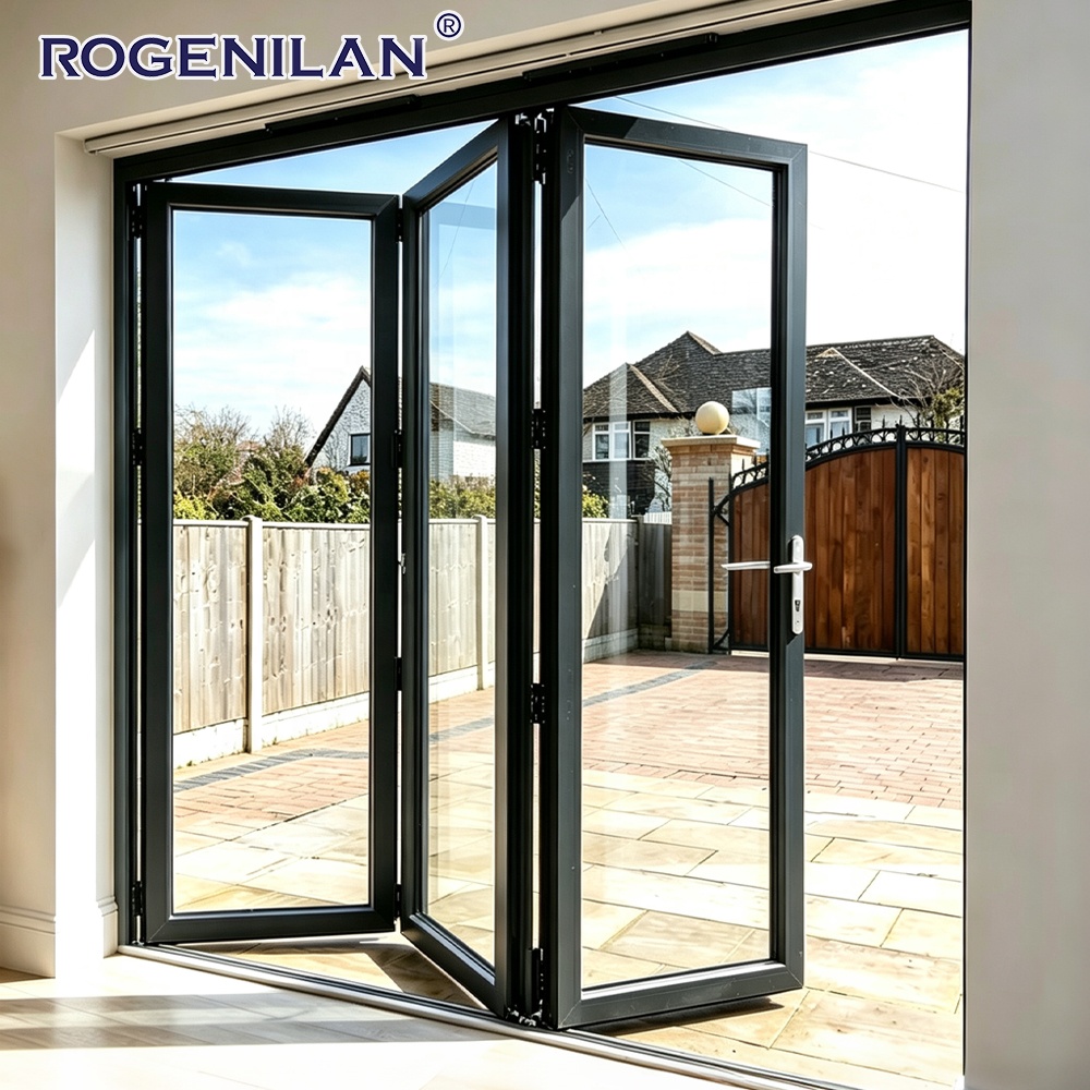 Rogenilan Thermal Insulation Triple Glass Folding Door Aluminum Accordion Retractable Sliding Patio Doors Exterior
