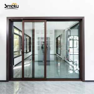 Smeku Modern Brown Aluminum Alloy Glass Sliding Door with Thermal Insulation for Patio Balcony Living Room &amp; Garage