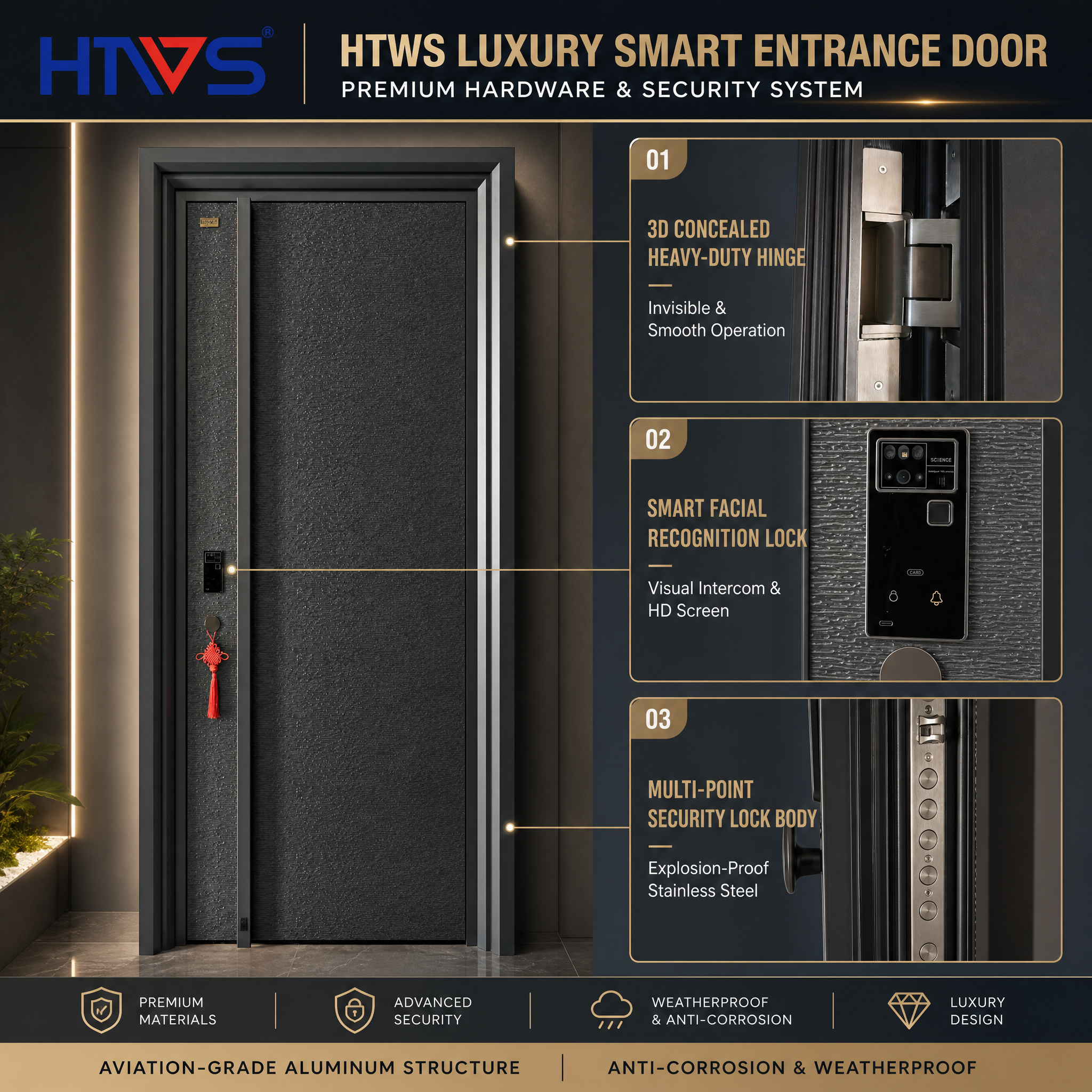 European Style Aluminum Door Modern Contemporary Matte Charcoal Finish Grooved Single Security Entry Door Bespoke Custom Design
