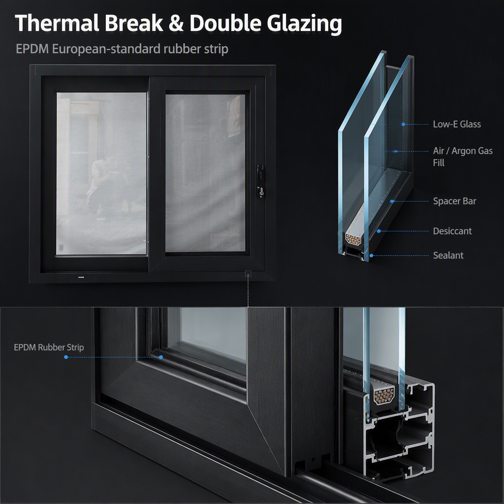 Double Glazing for House Windows, AS2047 AS2088 Two Track Sliding Double Glazed Thermal Break Waterproof Aluminium Windows