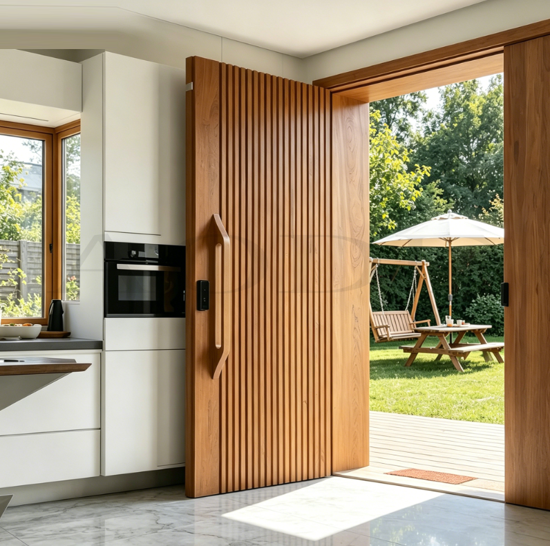 Custom Solid Wood Fluted Sliding Door, Modern Large View Patio Wooden Pivot Door For Villa Kitchen Exterior Entrance