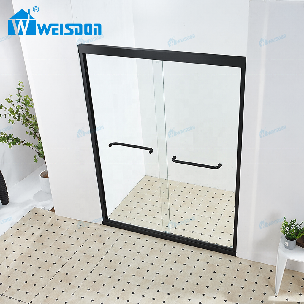 Easy Installation Villa Hotel Matte Black Aluminum Alloy 8mm 10mm Tempered Glass Framed Double Sliding Shower Door