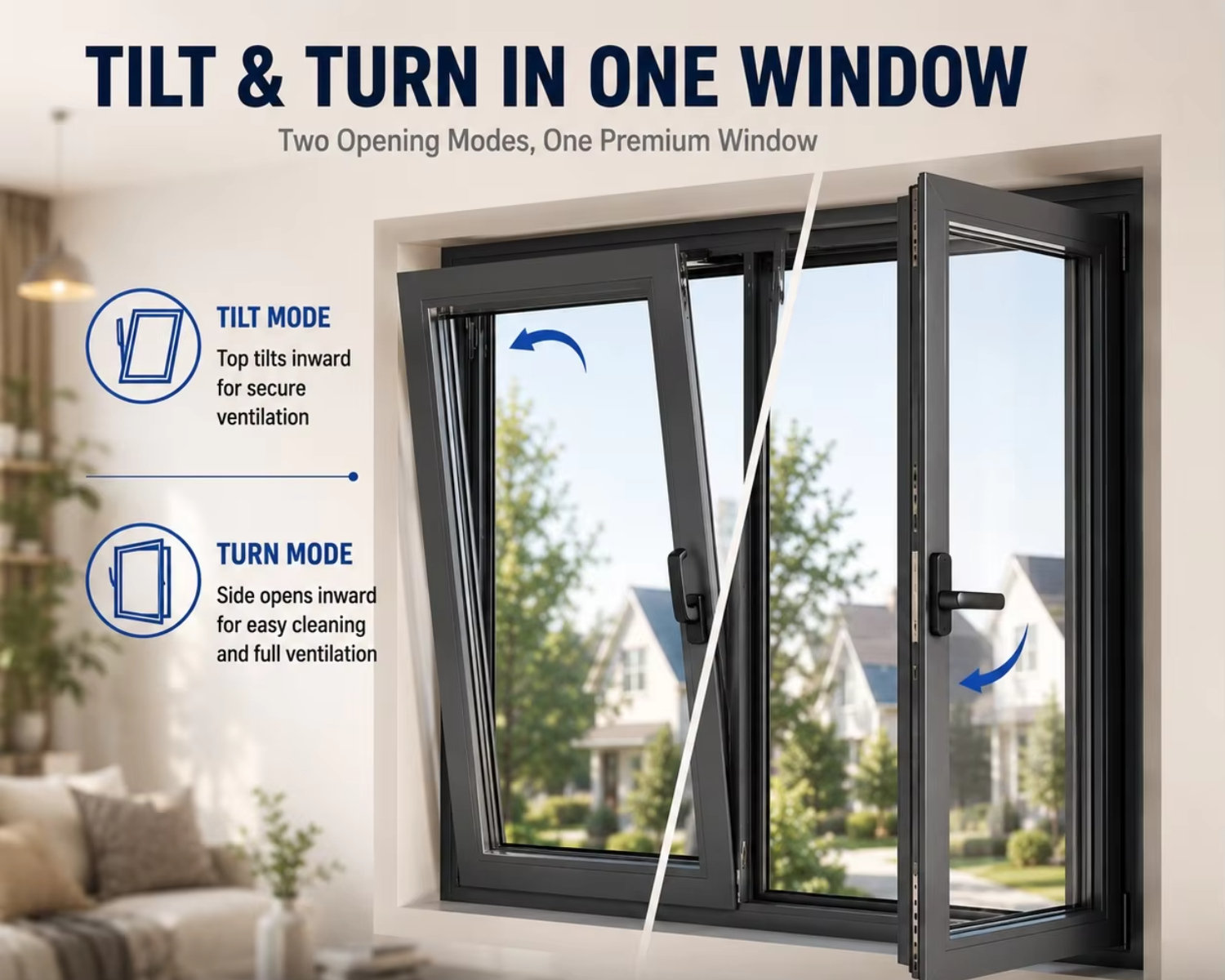 Thermal Break Tilt Turn Aluminum Windows with Double Glazed Glass, Aluminium Window Inward Opening for Houses Soundproof