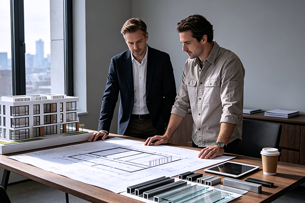 Architect reviewing entry door design specifications