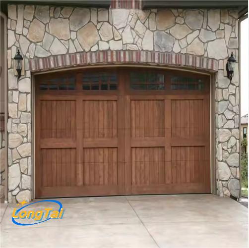 LONG TAI Efficient Black Walnut Solid Wood Look Aluminum Track Slide up Garage Doors With Top Double Glass Windows