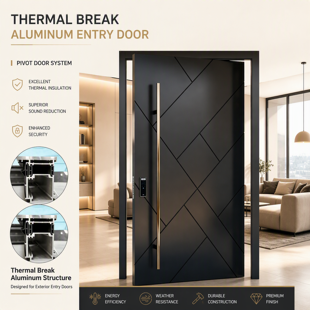 Modern Geometric Thermal Break Aluminum Pivot Entry Door Waterproof Anti-Theft Exterior Hall Villa Apartment Security Door Smart