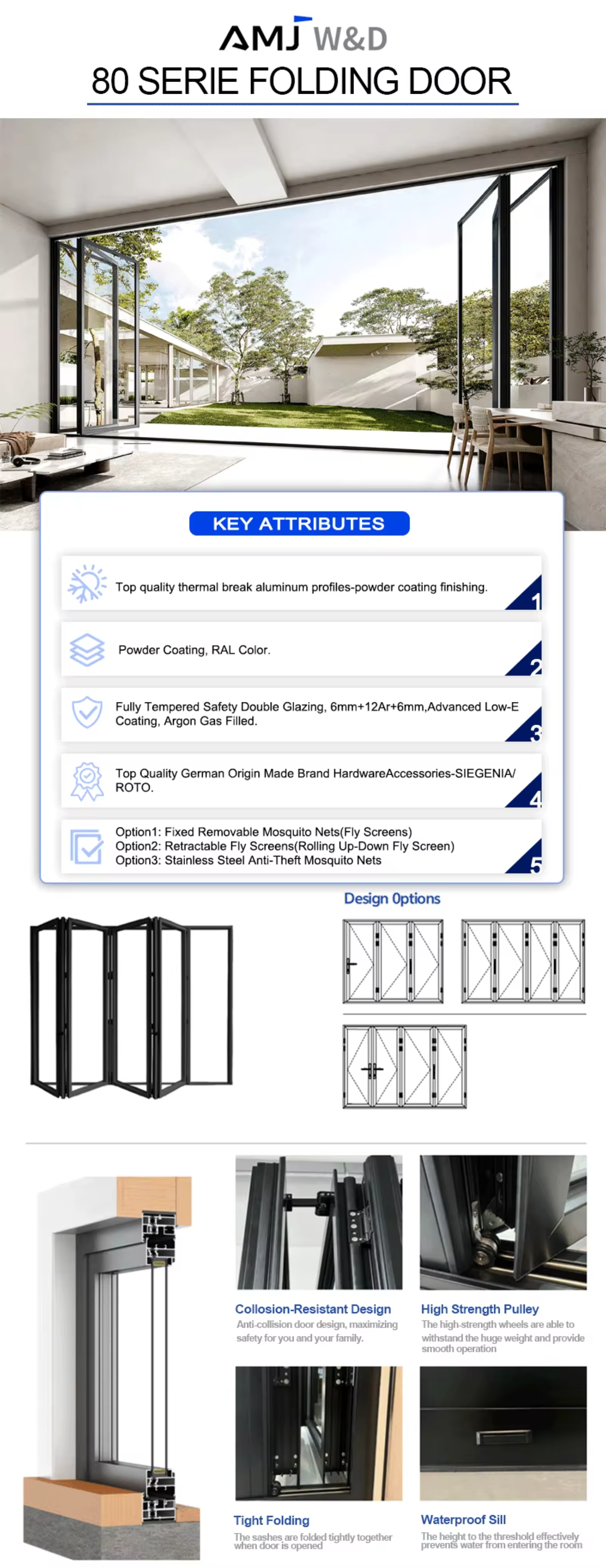 NFRC Certified White Bi Fold Doors French Aluminum Alloy Folding Door for Balcony Villa Modern Glass Bi Folding Doors