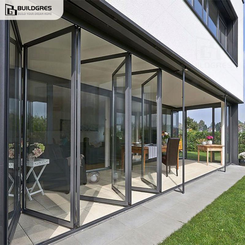 Custom Heavy Duty Aluminum Concertina Bi-Fold Door Storm Proof EPDM Sealing Stackable Folding Glass Door Buildgres 5-Year