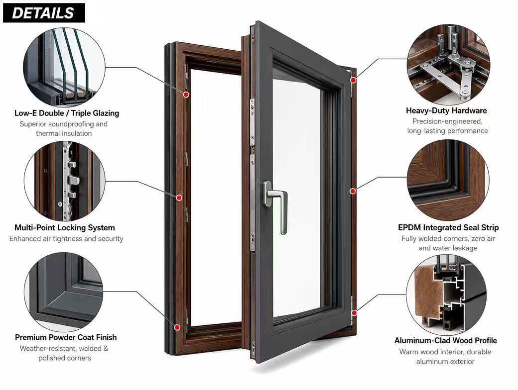Energy Saving Aluminum Clad Wood Casement Window Outward Opening Home Replacement Window