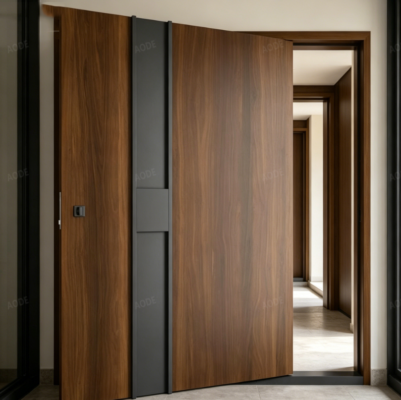 Black Walnut Solid Wood Pivot Door, Modern Security Exterior Front Entry Door With Smart Lock For Home