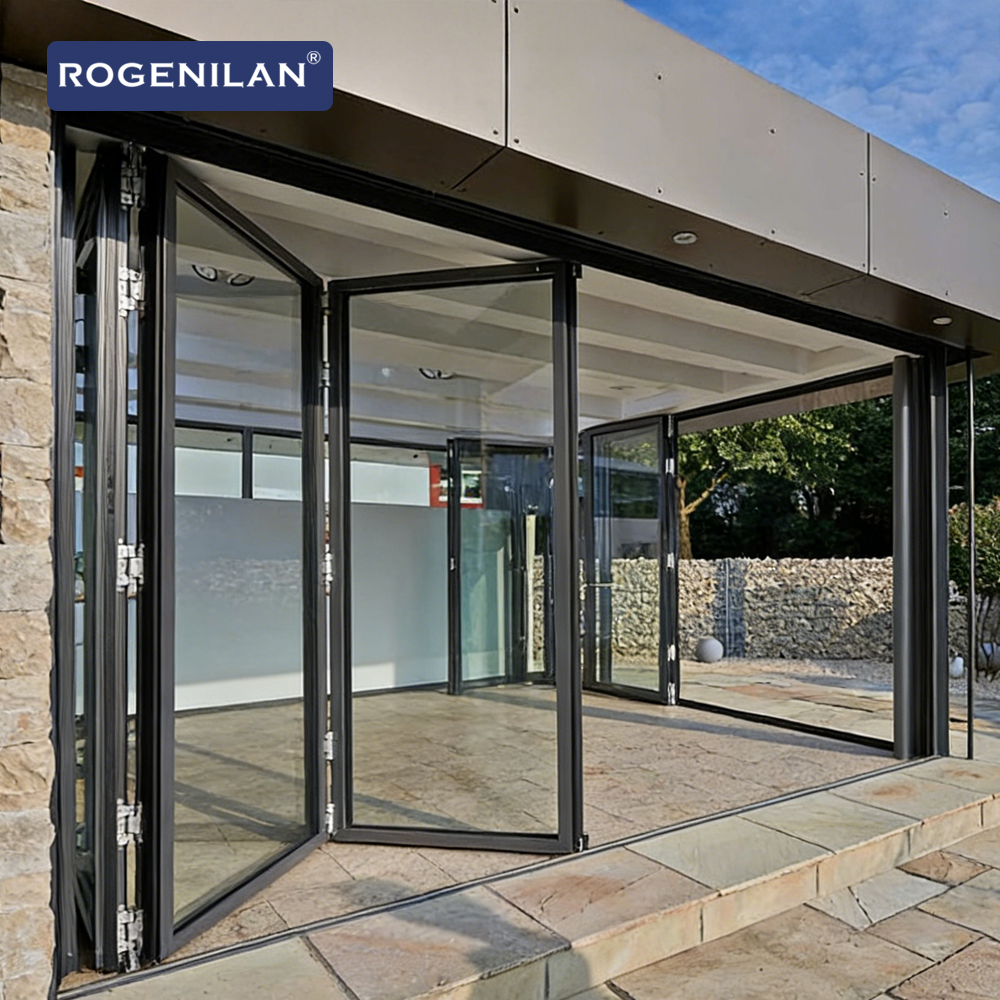 Rogenilan Thermal Insulation Triple Glass Folding Door Aluminum Accordion Retractable Sliding Patio Doors Exterior