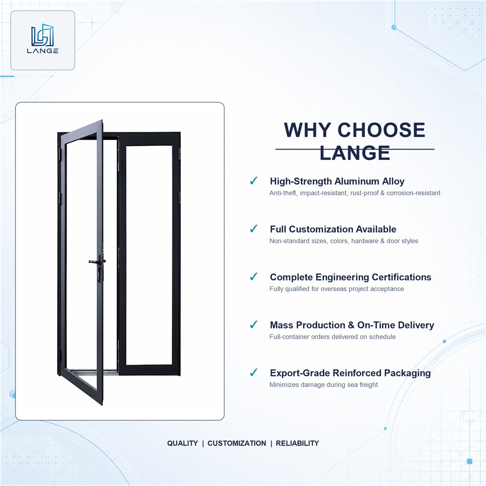 LANGE French Modern Design Aluminum Frame Glass Door Safe Aluminum Double Tempered Glass Swing Door for Villa Balcony Entry