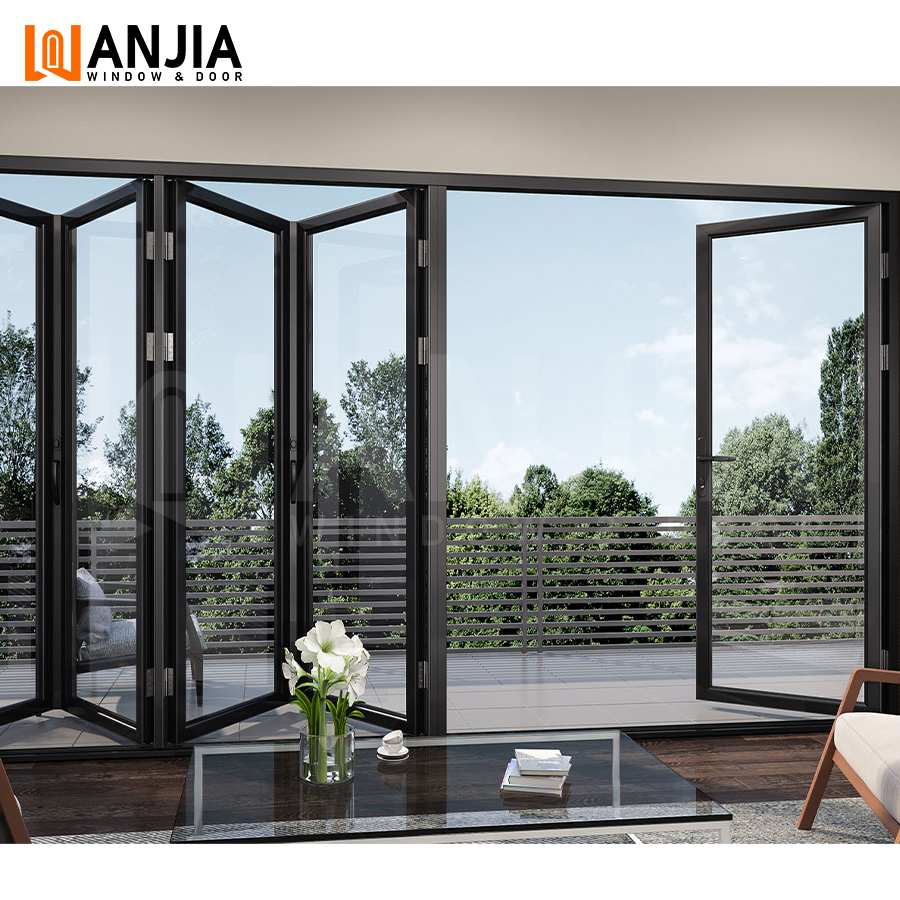 WANJIA Custom Aluminium Glass Accordion Doors Grid Design Hurricane-Proof Exterior Bifold Door