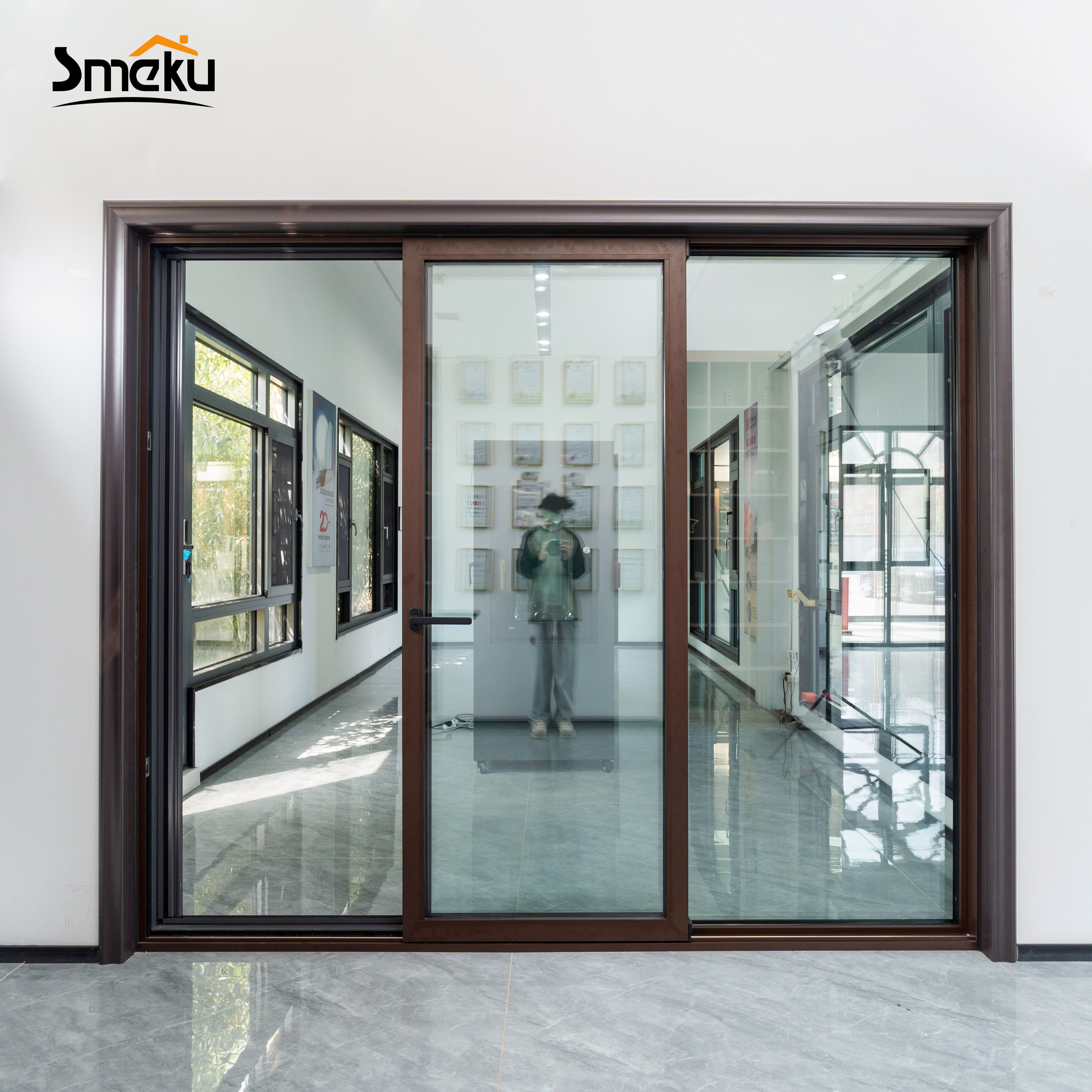 Smeku Modern Brown Aluminum Alloy Glass Sliding Door with Thermal Insulation for Patio Balcony Living Room &amp; Garage