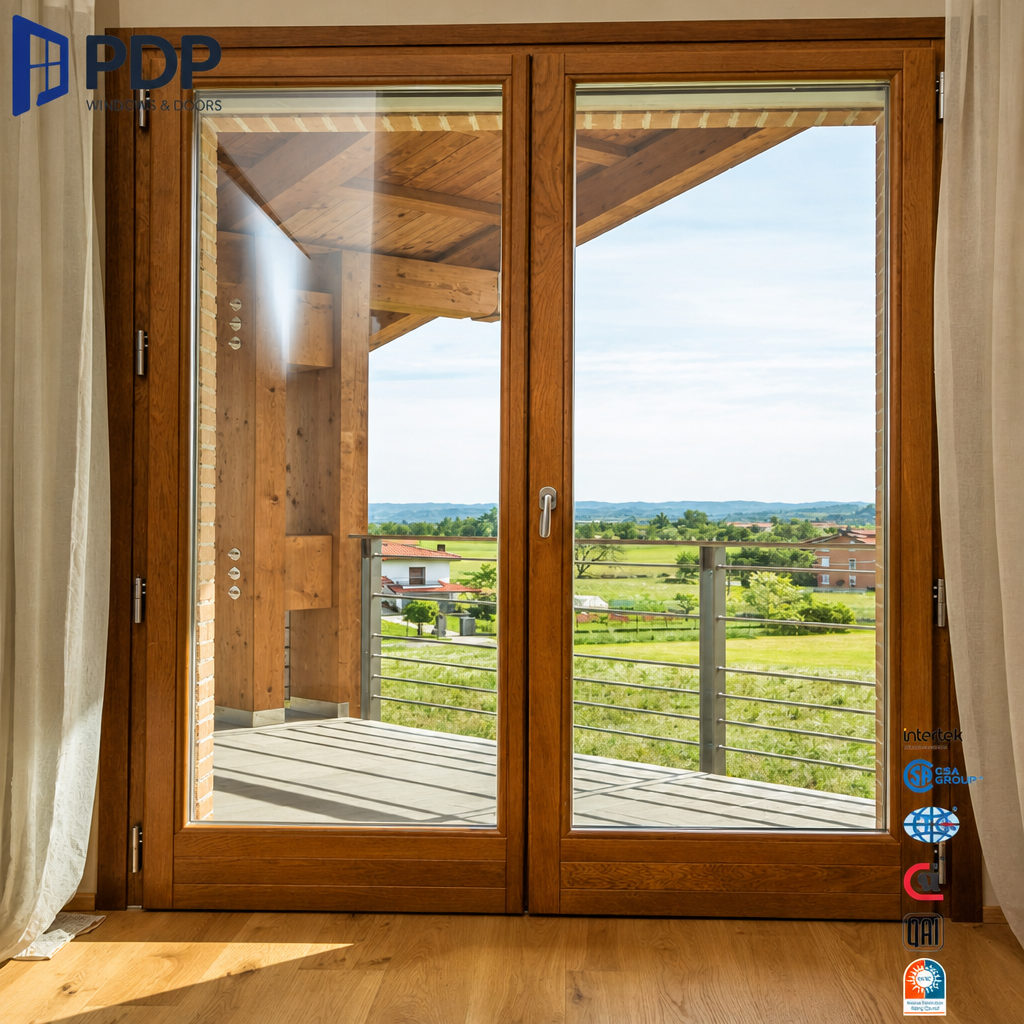 PDP High-Security Anti-Theft Aluminium Clad Wood Glass Casement Doors For Courtyard And Balcony