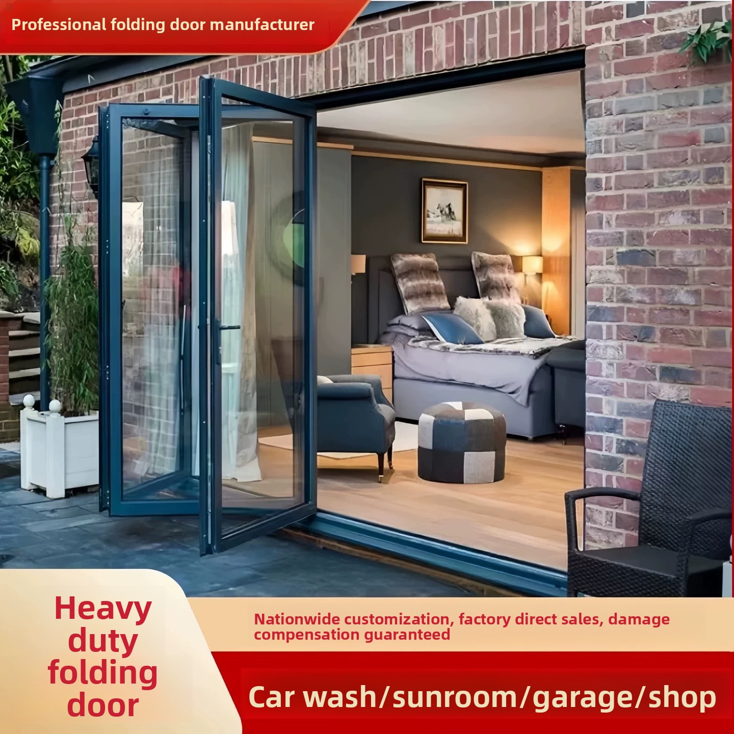 Soundproof Double Glazed Aluminum Foldable Glass Wall Patio Door Modern Waterproof Outdoor Bedroom Hotel Balcony Porch Mall