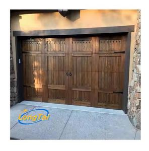 LONG TAI Efficient Black Walnut Solid Wood Look Aluminum Track Slide up Garage Doors With Top Double Glass Windows