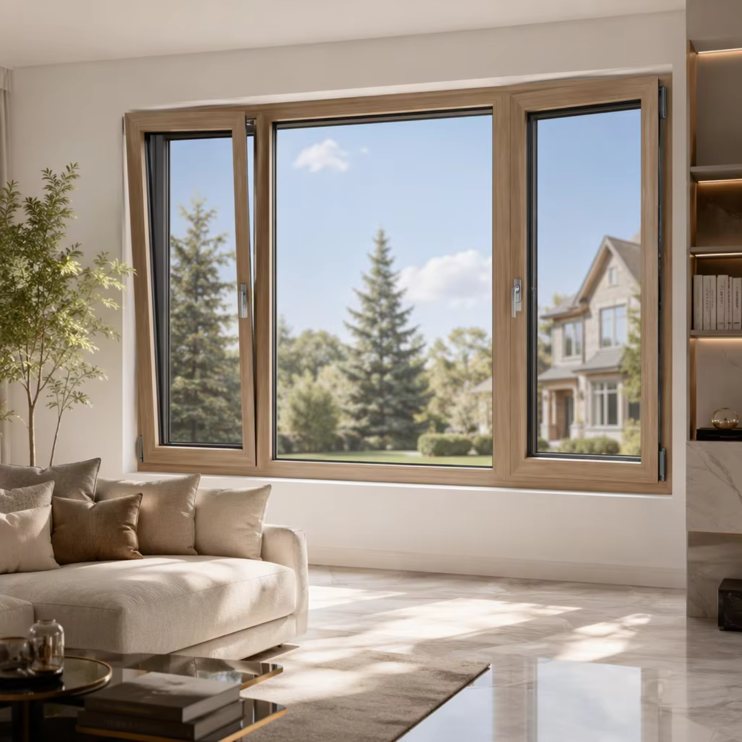 Custom 90mm Alu-Wood Composite H90 Burglar-Proof Double-Glazed Luxury Villa Residential Window Waterproof Noise Reduction Heat