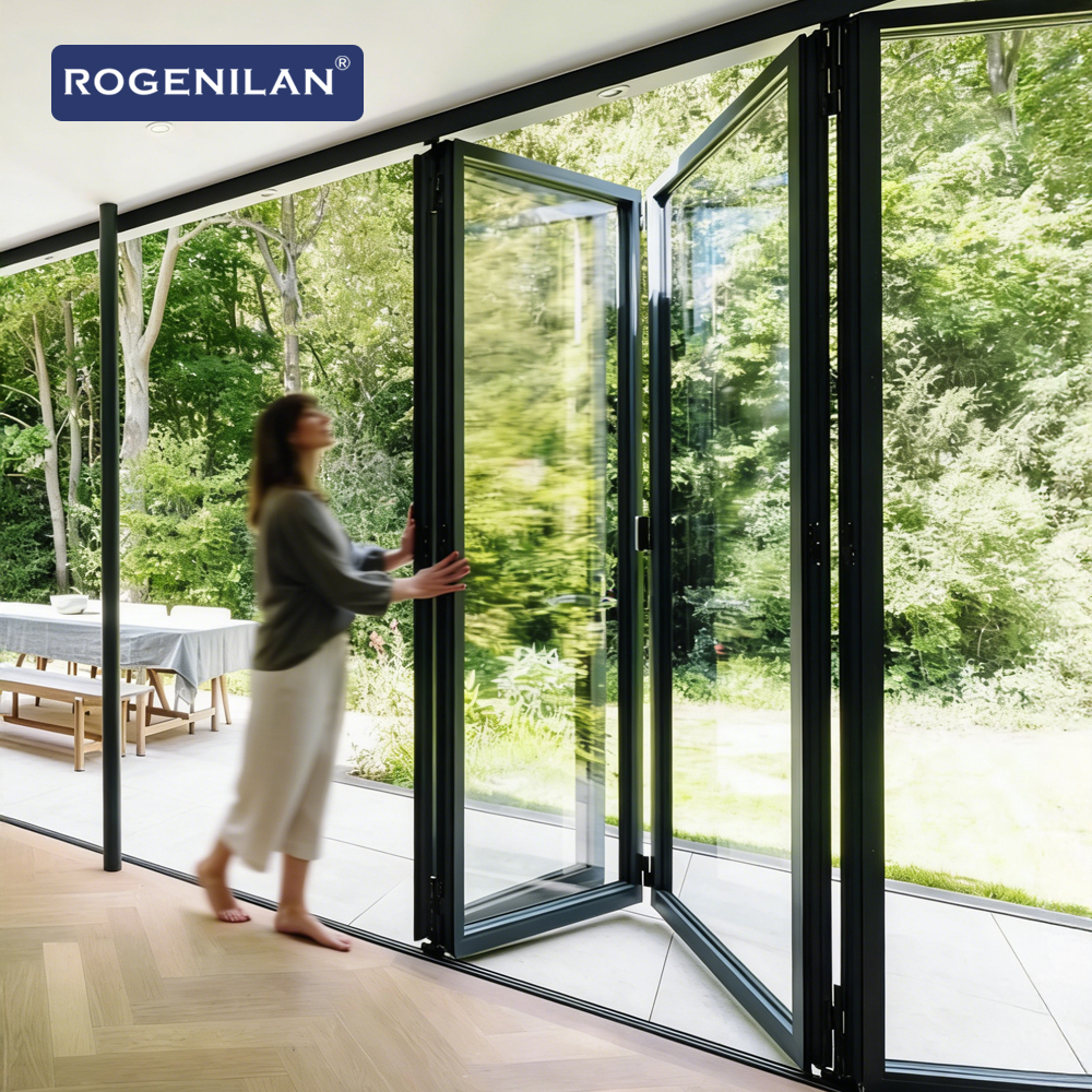 Rogenilan Thermal Insulation Triple Glass Folding Door Aluminum Accordion Retractable Sliding Patio Doors Exterior