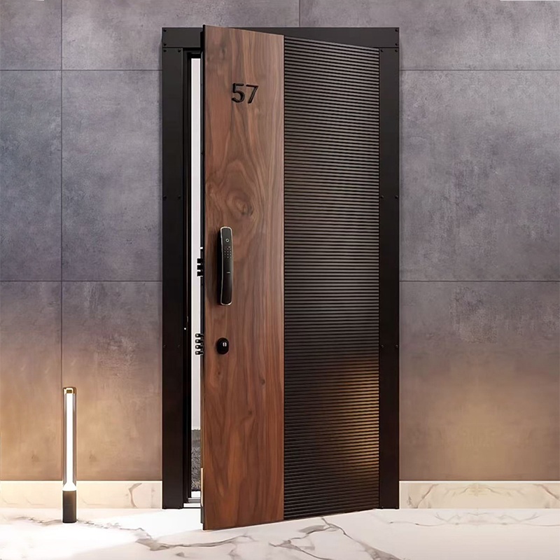 Exquisitely Carved Cast Aluminum Double-Layer Entrance Security Door Wood Grain Finish Postmodern Design for Home Villa Entry