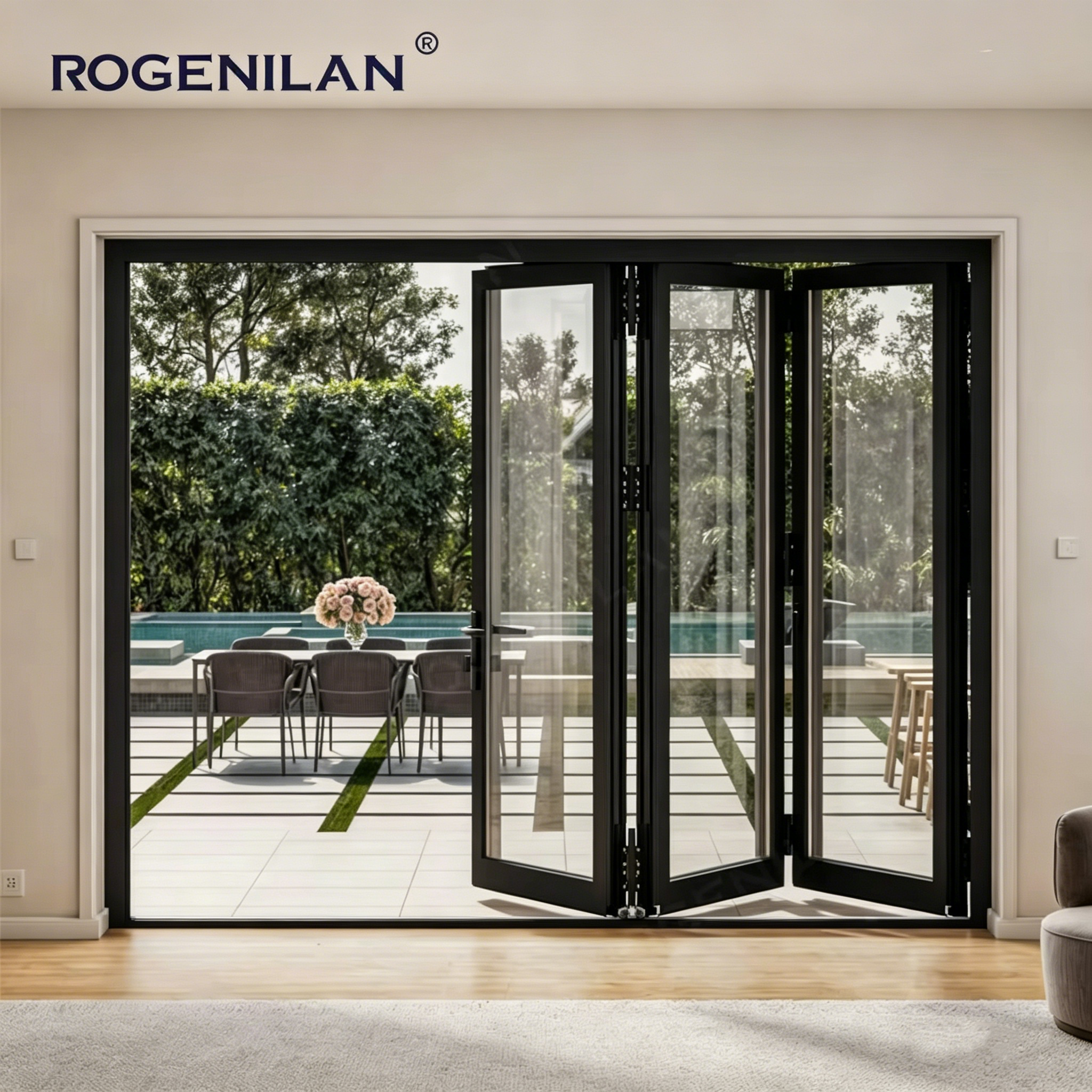 Rogenilan Farmhouse Backyard Thermal Break Aluminum Profile Triple Glazing Bi Folding Doors Customizable Shutters