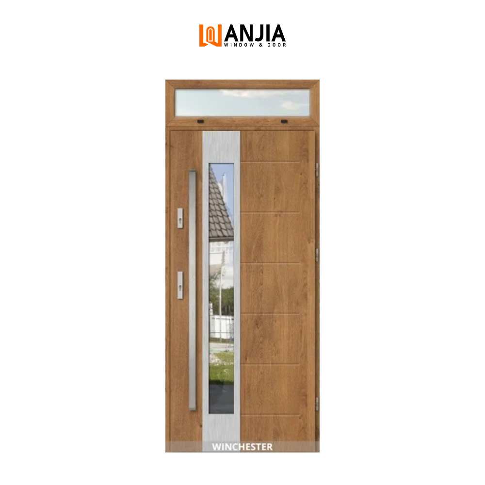 Modern Farmhouse Design Oak Wood Grain Finish Aluminium Doors With Transom Custom Front Entry Doors Exterior Security Doors
