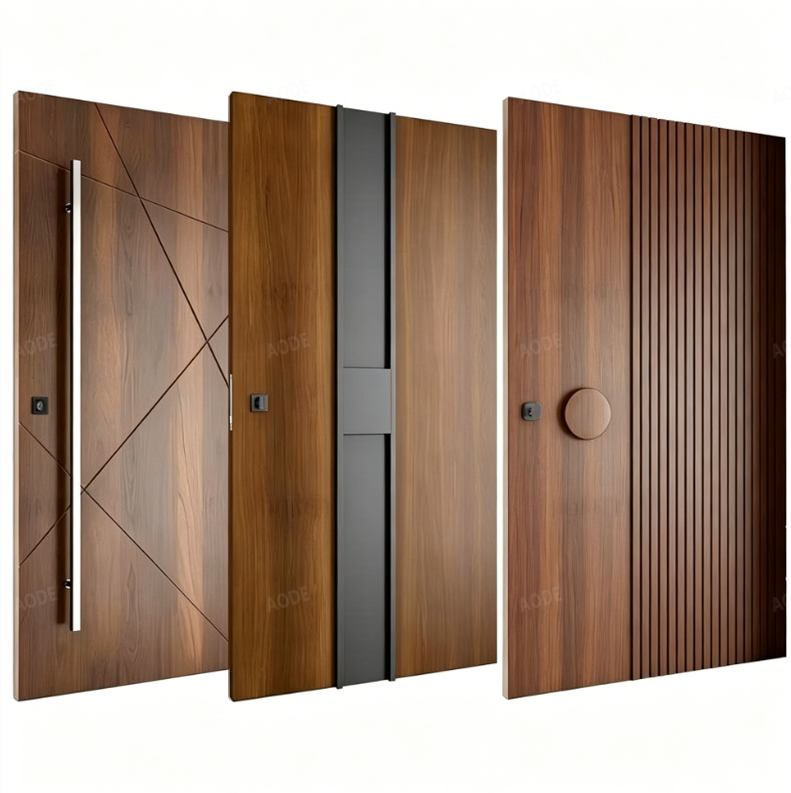 Black Walnut Solid Wood Pivot Door, Modern Security Exterior Front Entry Door With Smart Lock For Home