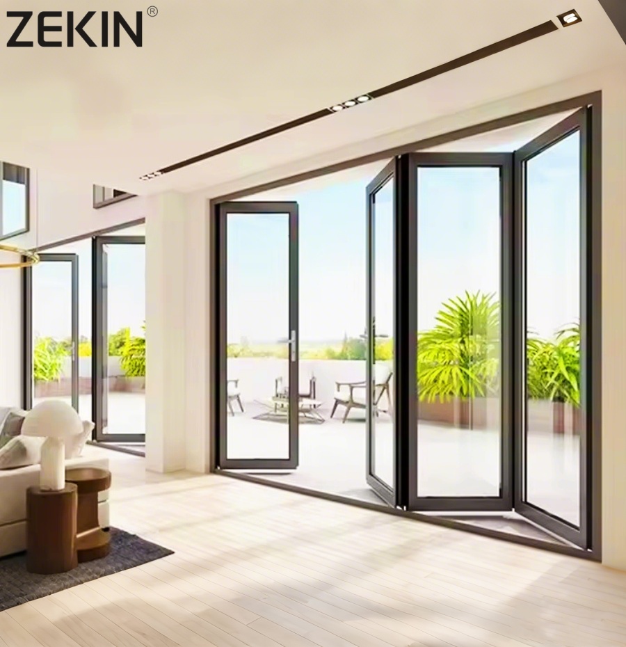 ZEKIN Black Hurricane Impact Proof Heat and Sound Insulation Aluminum Folding Door Double Tempered Glass Bi-fold Doors