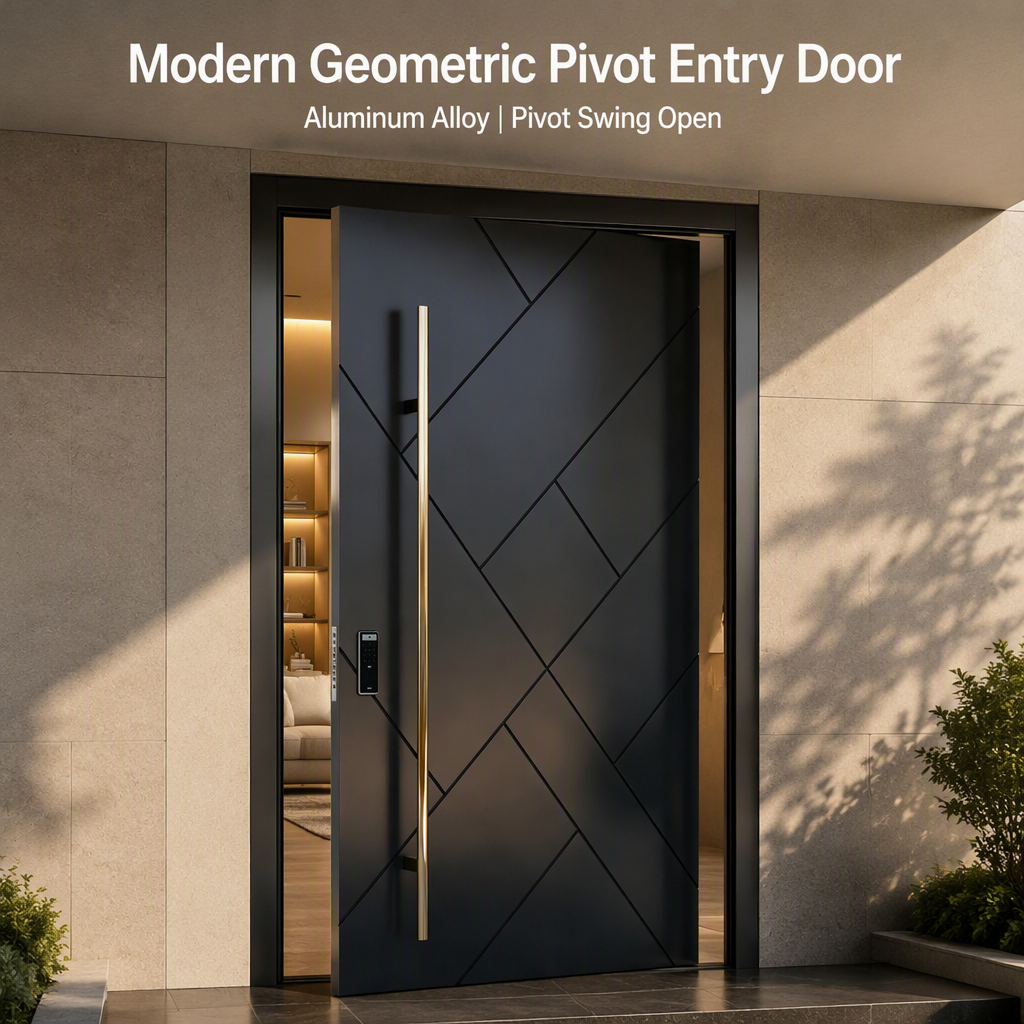 Modern Geometric Thermal Break Aluminum Pivot Entry Door Waterproof Anti-Theft Exterior Hall Villa Apartment Security Door Smart