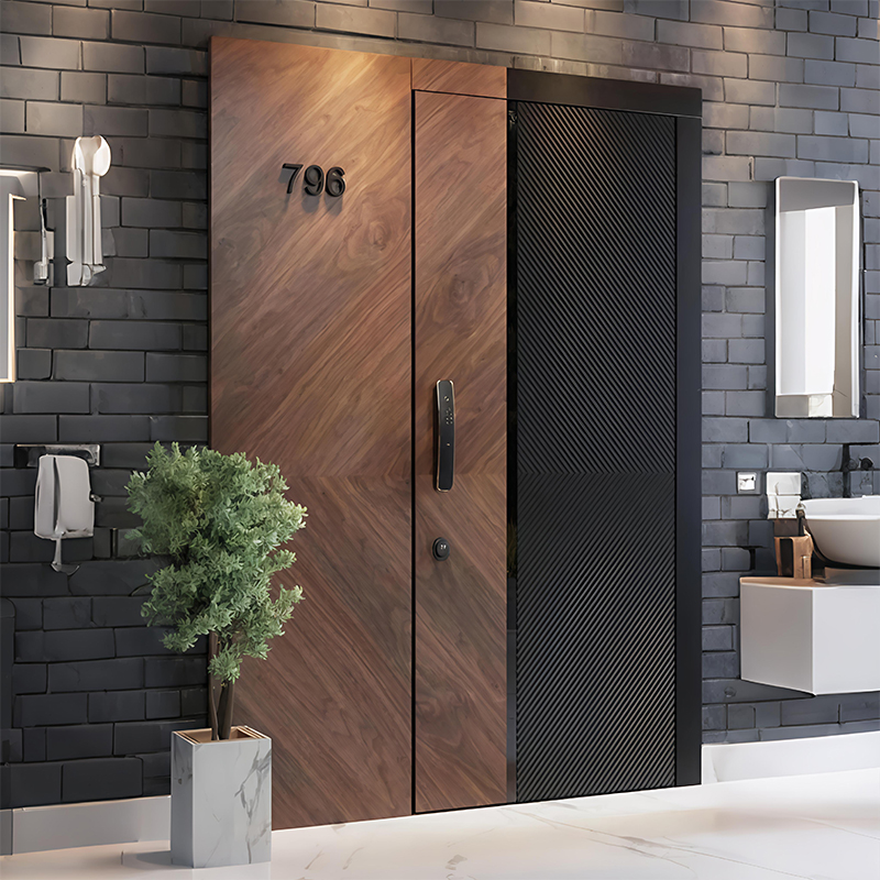 Exquisitely Carved Cast Aluminum Double-Layer Entrance Security Door Wood Grain Finish Postmodern Design for Home Villa Entry