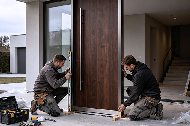 Commercial building entrance with DERCHI heavy-duty doors